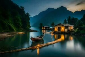 photo wallpaper the sky, mountains, house, boat, water, house, boat, lake,. AI-Generated