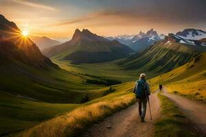 un hombre caminando en un camino en el montañas. generado por ai foto