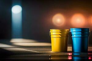two colorful buckets sit on a table in front of a bright light. AI-Generated photo
