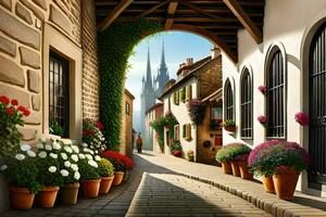 an old street with flowers and potted plants. AI-Generated photo