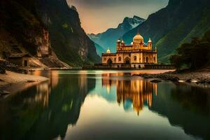 a beautiful golden building sits on the edge of a lake. AI-Generated photo