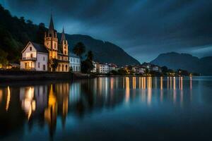 un Iglesia se sienta en el apuntalar de un lago a noche. generado por ai foto