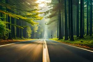 un la carretera en el medio de un bosque con arboles generado por ai foto