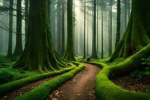 a path through a forest with mossy trees. AI-Generated photo