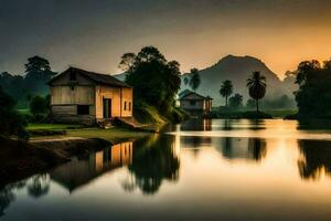 photo wallpaper the sky, water, mountains, trees, house, sunrise, sunrise, the sky. AI-Generated