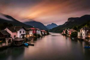 un río en el montañas con casas y barcos generado por ai foto