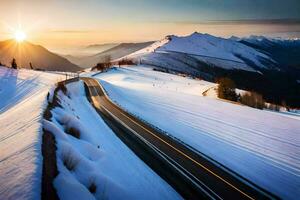 a road in the mountains with snow covered mountains in the background. AI-Generated photo