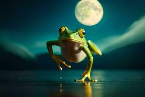 a frog jumping in front of the moon. AI-Generated photo