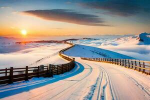 a snowy road in the mountains with a sun setting. AI-Generated photo