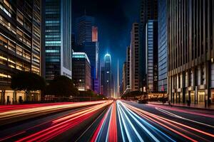 un ciudad calle a noche con ligero caminos. generado por ai foto