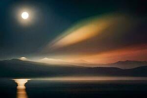 un lleno Luna es visto terminado el montañas y agua. generado por ai foto