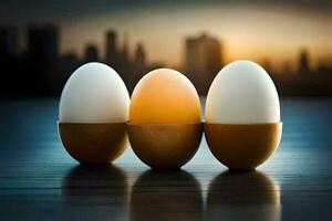 three eggs are sitting in wooden egg cups on a table. AI-Generated photo