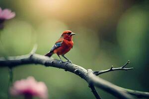 un pequeño rojo pájaro es encaramado en un rama. generado por ai foto