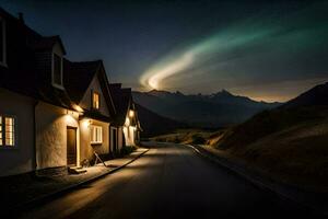 a street with houses and a mountain in the background. AI-Generated photo