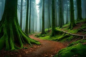 a path through a green forest with mossy trees. AI-Generated photo