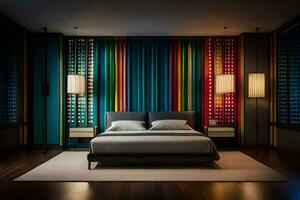 a bedroom with colorful striped walls and a bed. AI-Generated photo