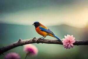 foto fondo de pantalla el cielo, pájaro, flores, naturaleza, el montañas, el aves, el flores generado por ai