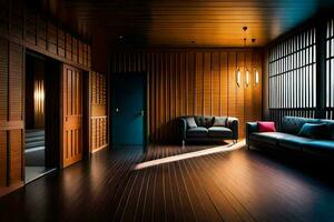 a living room with wooden walls and a couch. AI-Generated photo