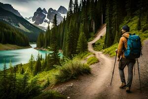 a man with a backpack and trek poles walks down a trail near a lake. AI-Generated photo