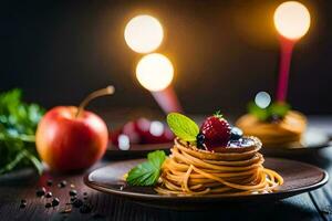 spaghetti with berries and apples on a plate. AI-Generated photo