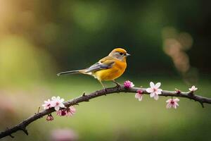 un pequeño pájaro es encaramado en un rama con rosado flores generado por ai foto