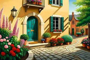 a painting of a street with flowers and plants. AI-Generated photo