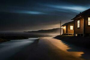 a house on the beach at night with a light shining on it. AI-Generated photo