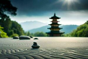 a pagoda in the sand with rocks and a mountain in the background. AI-Generated photo