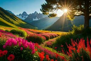 the sun shines brightly over a field of flowers. AI-Generated photo