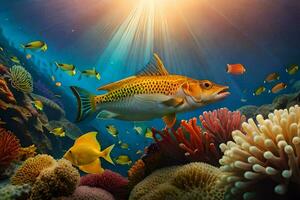 fish swimming in the ocean with coral reefs and other fish. AI-Generated photo