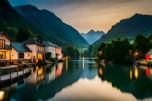 houses on the river at sunset in the mountains. AI-Generated photo