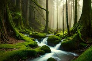 a stream runs through a green forest. AI-Generated photo