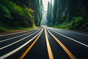 un borroso imagen de un la carretera en el bosque. generado por ai foto