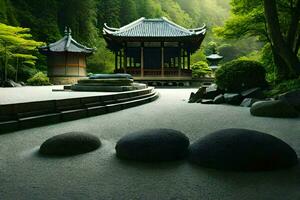 un japonés jardín con rocas y un pagoda. generado por ai foto