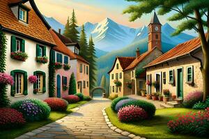 a painting of a village street with flowers and trees. AI-Generated photo