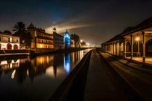 a canal at night with a clock tower in the background. AI-Generated photo