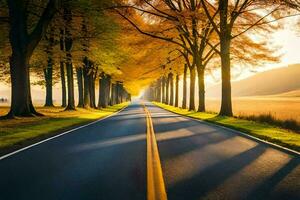 a long road with trees lining the road. AI-Generated photo