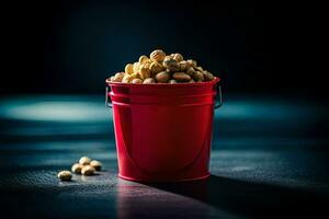 a red bucket filled with peanuts on a dark table. AI-Generated photo