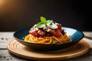 spaghetti with tomatoes and basil on a wooden table. AI-Generated photo