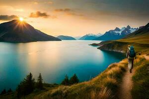 un hombre camina a lo largo un camino con vista a un lago y montañas. generado por ai foto