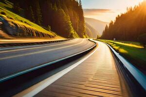 a car driving on a highway at sunset. AI-Generated photo