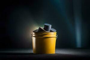 a yellow bucket filled with black rubber. AI-Generated photo