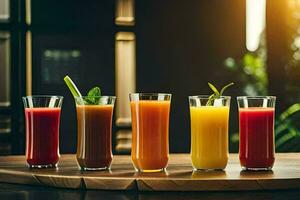 five different types of juices in glasses on a table. AI-Generated photo