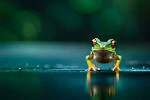 a frog sitting on the ground with its reflection. AI-Generated photo