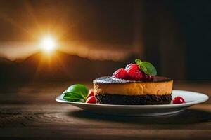 a dessert on a plate with berries and a sunset in the background. AI-Generated photo