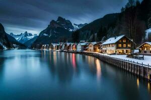 un río y casas en el nieve. generado por ai foto