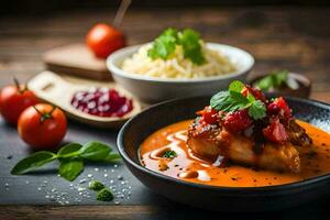 chicken breast with tomato sauce and rice in a bowl. AI-Generated photo