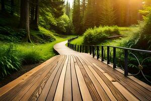 wooden walkway in the forest at sunset. AI-Generated photo
