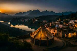 a tent in the middle of a village at sunset. AI-Generated photo