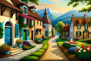 a painting of a village street with flowers and trees. AI-Generated photo